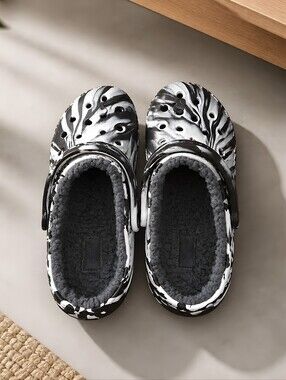 NWT Crocs White / Black Classic Lined Marbled Clog Shoes Unisex